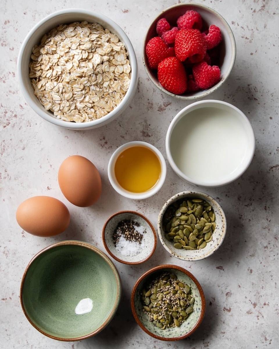 A top view of several white bowls and a ceramic cup arranged on a white marbled surface, each holding different ingredients: one bowl filled with beige rolled oats, another with red raspberries and halved strawberries, a bowl with two whole brown eggs, a cup filled with white milk, a small white bowl with a golden liquid, a small speckled bowl with dark amber liquid, a green and brown bowl containing green pumpkin seeds and light green hemp seeds, and the smallest speckled bowl with salt, pepper, and cinnamon powder. photo taken with an iphone --ar 4:5 --v 7