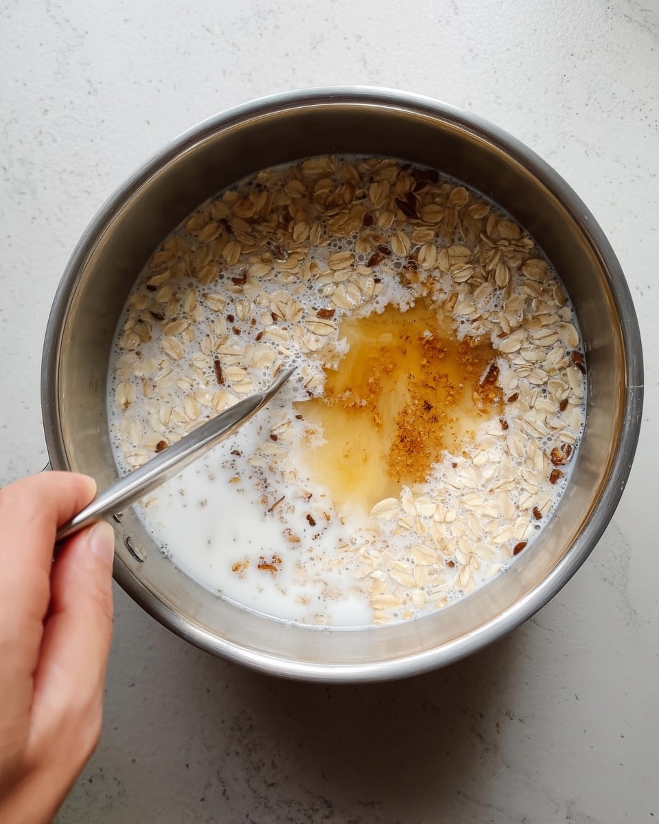 A close-up image shows a silver metal pot filled with three visible layers: the base is filled with white milk with light reflections, floating on top are scattered pale beige rolled oats and small dark brown specks, and a round splash of golden brown liquid in the center. A woman's hand holds a silver spoon stirring the contents inside the pot. The pot is placed on a white marbled surface. photo taken with an iphone --ar 4:5 --v 7