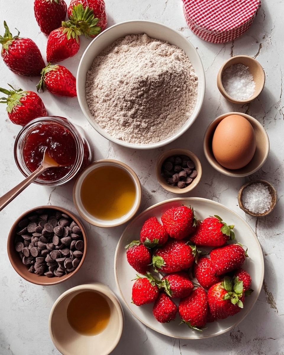 The image shows various baking ingredients arranged neatly on a white marbled surface. At the center, there is a white bowl filled with light brown flour. To its right, a small beige bowl holds a single brown egg, and above it, a wide white bowl is filled with whole fresh strawberries with green leaves. Below the egg, a white plate contains several halved strawberries with bright red flesh and green tops. Below the flour, a small white bowl holds light golden liquid, likely honey or syrup. To the bottom left, a brown bowl is filled with small dark chocolate chips. In the upper middle, a jar of red jam with a spoon inside is placed, its red checkered lid leaning beside it. Near the upper right side, a tiny white bowl contains coarse white salt. The overall scene is bright with a mix of red, brown, and white colors on a clean white marbled surface. Photo taken with an iphone --ar 4:5 --v 7