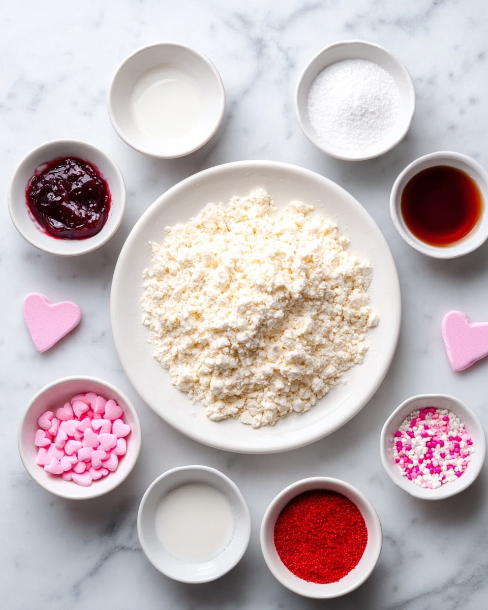 The image shows a white plate piled high with a crumbly, pale flour mixture in the center of a white marbled surface, surrounded by seven small white bowls containing different ingredients: one with a dark red jam-like substance, another with white powdered sugar, one holding a small amount of white liquid, a bowl of small white sprinkles, a bowl with bright pink heart-shaped sprinkles, a bowl filled with red powder, and the last one containing tiny pink and white flower-shaped sprinkles. photo taken with an iphone --ar 4:5 --v 7