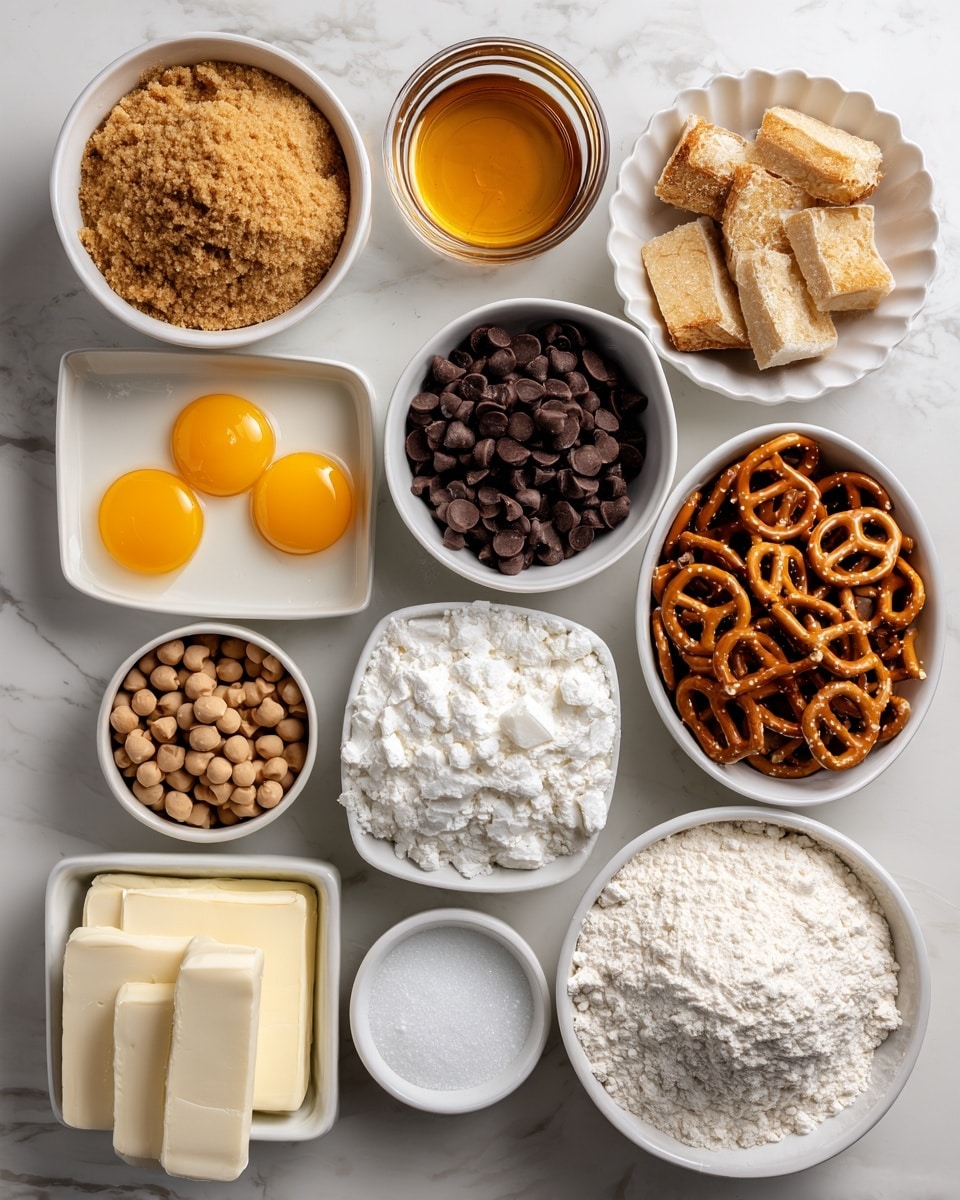 The image shows an overhead view of various ingredients laid out on a white marbled surface, each in a white bowl or dish. Starting from the top left, there is a bowl filled with light brown sugar with a crumbly texture. To the right is a small dish of golden vanilla extract with a smooth, liquid surface. Next, a scalloped bowl holds shiny, semi-sweet chocolate chips with a dark brown color. Below the sugar is a bowl of round caramel bits in a golden brown shade, and next to it a bowl with two raw eggs displaying vibrant yellow yolks in clear egg whites. A small bowl nearby contains fine white salt, while another bowl to the right is filled with broken pretzel pieces showing a mix of light brown and tan tones with crunchy textures. Centered is a square dish piled high with white sugar crystals, and below it two sticks of butter with a smooth, pale yellow color lie next to a small bowl of milk chocolate chips, darker than the caramel bits but lighter than the semi-sweet ones. Bottom right features a large bowl overflowing with pale all-purpose flour, fluffy and powdery, with a white spoon partially buried inside. On the left side, two separate bowls hold white baking powder and baking soda powders, both soft and powdery. The entire setup is neat and well organized. Photo taken with an iphone --ar 4:5 --v 7