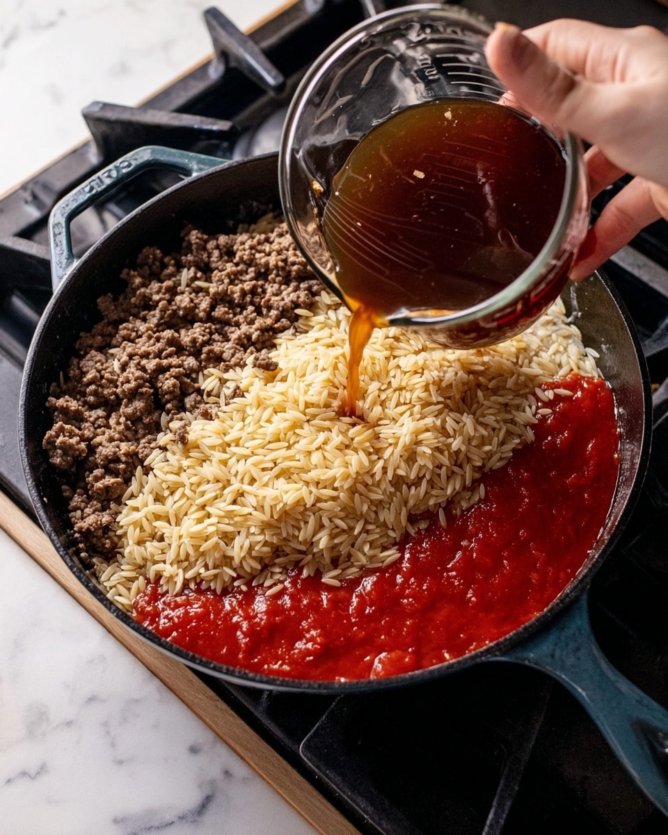 In a black cast iron pan, there are three main parts: cooked ground meat with onions on the left side, bright red tomato sauce on the right side, and a pile of pale yellow orzo pasta in the center. A clear glass measuring cup is pouring a dark brown liquid over the orzo, coming from the top right corner. A woman's hand is holding the measuring cup. The pan sits on a stovetop with dark grates and a white marbled surface below. photo taken with an iphone --ar 4:5 --v 7