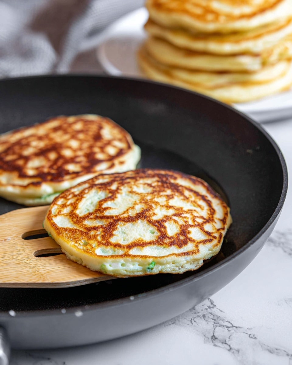 Two thick pancakes with a golden brown top layer and white edges are shown cooking in a dark black pan. The pancake in the front rests on a light brown wooden spatula, showing its slightly uneven round shape and some green spots inside. Another pancake with a darker golden brown color lies flat on the pan in the background. Behind the pan, there is a white plate stacked with more golden pancakes. The entire scene is set against a white marbled surface. photo taken with an iphone --ar 4:5 --v 7