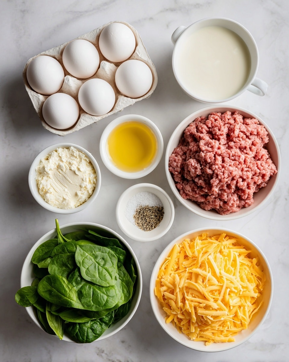 The image shows ingredients for an easy sausage egg casserole arranged neatly on a white marbled surface. There is a white carton with a row of white eggs at the top left. Below the eggs is a white cup filled with heavy cream, next to a small white bowl holding clear yellow butter or oil. To the right of these is a large white bowl full of ground breakfast sausage with a pinkish and textured look. Below that, a white bowl is filled with grated yellow cheddar cheese, and next to it, a small white bowl contains salt and pepper with visible granules. At the bottom left is a white cup filled with fresh green spinach leaves. The ingredients are spaced apart with clear labels written in black text over the image. The background is a smooth, white marbled texture. photo taken with an iphone --ar 4:5 --v 7