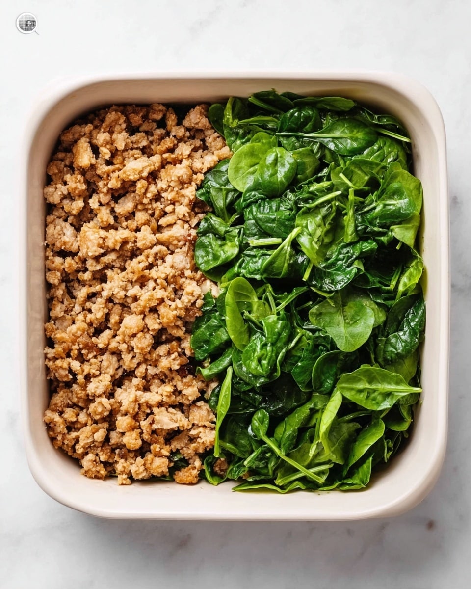 The image shows a square white dish filled with two layers side by side. On the left side, there is a layer of cooked, crumbly light brown meat, and on the right side, there is a layer of fresh, chopped green spinach leaves. Both layers cover the bottom of the dish fully without mixing. The dish is placed on a white marbled surface. photo taken with an iphone --ar 4:5 --v 7
