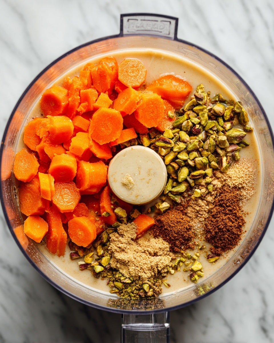 A metal baking tray holds one layer of roasted carrot pieces, cut into small thick rounds and irregular chunks showing a bright orange color with some darker roasted spots. Among the carrot pieces, there are a few whole or halved roasted garlic cloves, light brown in color with a soft texture. The tray shows some oil stains and baked bits from roasting. The background is a white marbled surface. Photo taken with an iphone --ar 4:5 --v 7