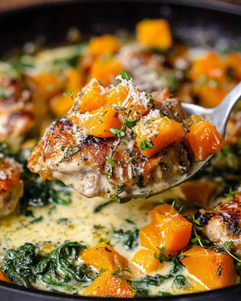 Creamy Parmesan Chicken with Roasted Butternut Squash and Spinach Recipe