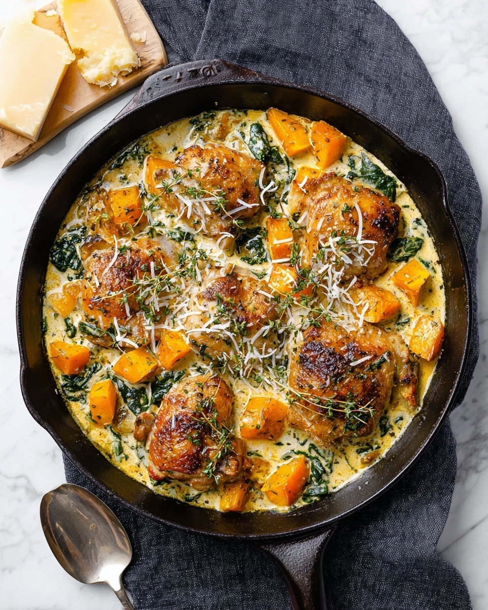 A cast iron pan filled with a creamy white sauce mixed with vibrant green spinach leaves and chunks of orange butternut squash, stirred by a woman's hand holding a wooden spoon with a dark burnt patch near the handle. In the background, there is a white plate partially shown with pieces of golden brown cooked chicken on it. The pan sits on a dark cloth over a white marbled surface. photo taken with an iphone --ar 4:5 --v 7