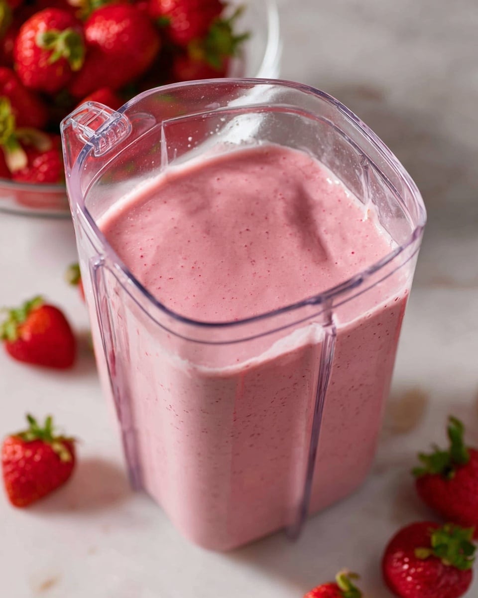 A clear blender container filled with a smooth, thick pink smoothie, showing tiny red specks evenly mixed throughout the creamy mixture, with the smoothie reaching near the top edge of the container. Surrounding the blender on a white marbled surface are whole fresh strawberries with green leafy tops, some scattered close and others slightly farther away. In the background, there is a clear bowl filled with bright red strawberries, adding contrast and depth to the image. The overall lighting is soft and natural, highlighting the texture and rich pink color of the smoothie. photo taken with an iphone --ar 4:5 --v 7