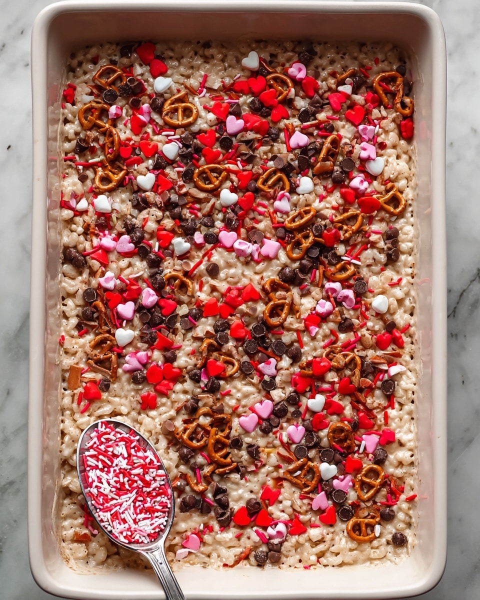 A white rectangular baking dish filled with one thick layer of rice crispy treat mixture that is a creamy off-white color with a slightly sticky texture. The top is richly decorated with an even spread of multiple colorful toppings: mini red heart-shaped candies, small pink and white round candies, red and pink thin cylindrical sprinkles, dark brown chocolate chips scattered throughout, and pieces of broken crunchy pretzels that are light brown. A silver spoon in the bottom left corner holds a small pile of the red, pink, and white sprinkles. The dish sits on a white marbled surface. Photo taken with an iphone --ar 4:5 --v 7