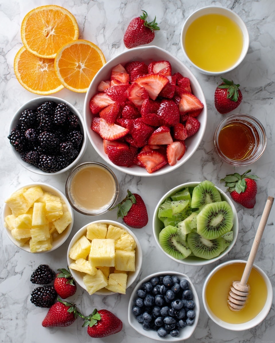The image shows a white marbled surface with a variety of fresh fruits and small bowls arranged neatly. There is one large white bowl full of sliced strawberries in the center. Surrounding it are smaller white bowls containing blackberries, blueberries, grapes, peeled orange slices, kiwi slices, and a pineapple block. Two small bowls hold orange juice and pineapple juice, and a small container with honey includes a honey dipper resting on it. Several whole strawberries are scattered around the bowls to add color. The overall setup is bright and fresh. Photo taken with an iphone --ar 4:5 --v 7
