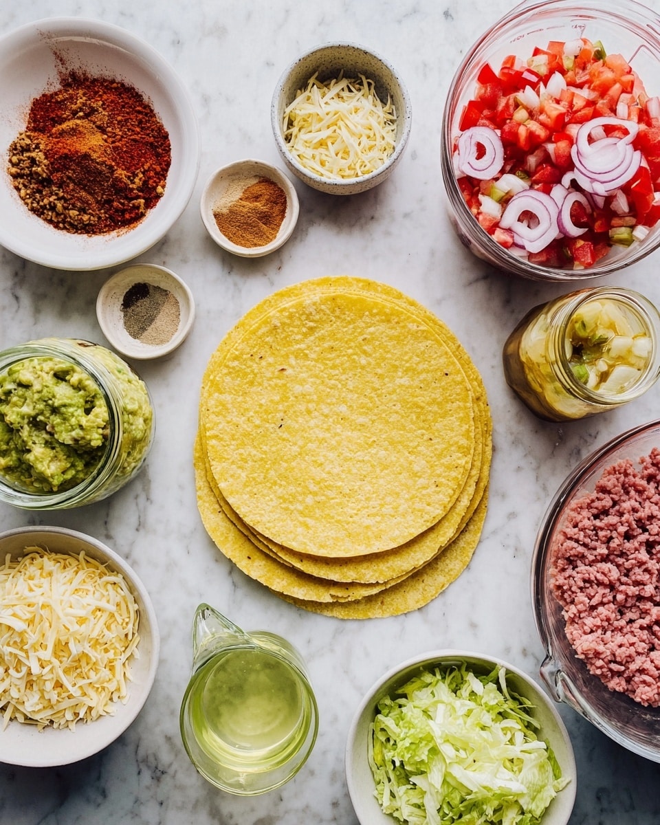 The image shows several small white bowls and a clear glass measuring cup arranged on a white marbled surface. In the center are four stacked yellow corn tortillas with a soft, slightly textured surface. Around the tortillas, moving clockwise from the top left, there is a bowl with red and brown spices, a small bowl of white shredded cheese, a white bowl filled with chopped red and green tomatoes and onions, a jar of sliced pickled onions, a small white bowl of green guacamole with a creamy texture, a white bowl of mixed shredded yellow and white cheese, and a green bowl with light green shredded lettuce. There's also a white bowl with raw ground meat showing a dense, textured surface, a small glass bowl with golden olive oil, and a clear measuring cup filled with light green liquid. Photo taken with an iphone --ar 4:5 --v 7