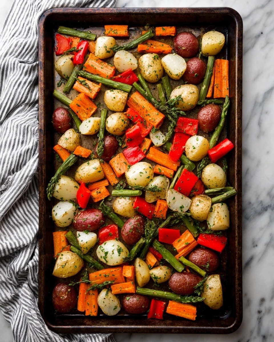 A large dark baking tray filled with four layers of roasted vegetables: small round white and red potatoes with a soft texture, bright orange carrot chunks cut into thick pieces, red bell pepper segments, and green asparagus spears thin and slightly wrinkled. The vegetables are well spaced and sprinkled with herbs, giving a slight speckled effect, and some have a light golden browning. The baking tray sits on a white marbled surface, with a striped cloth visible on the left side. The overall look is colorful, fresh, and rustic with different shapes and shades blending together. photo taken with an iphone --ar 4:5 --v 7