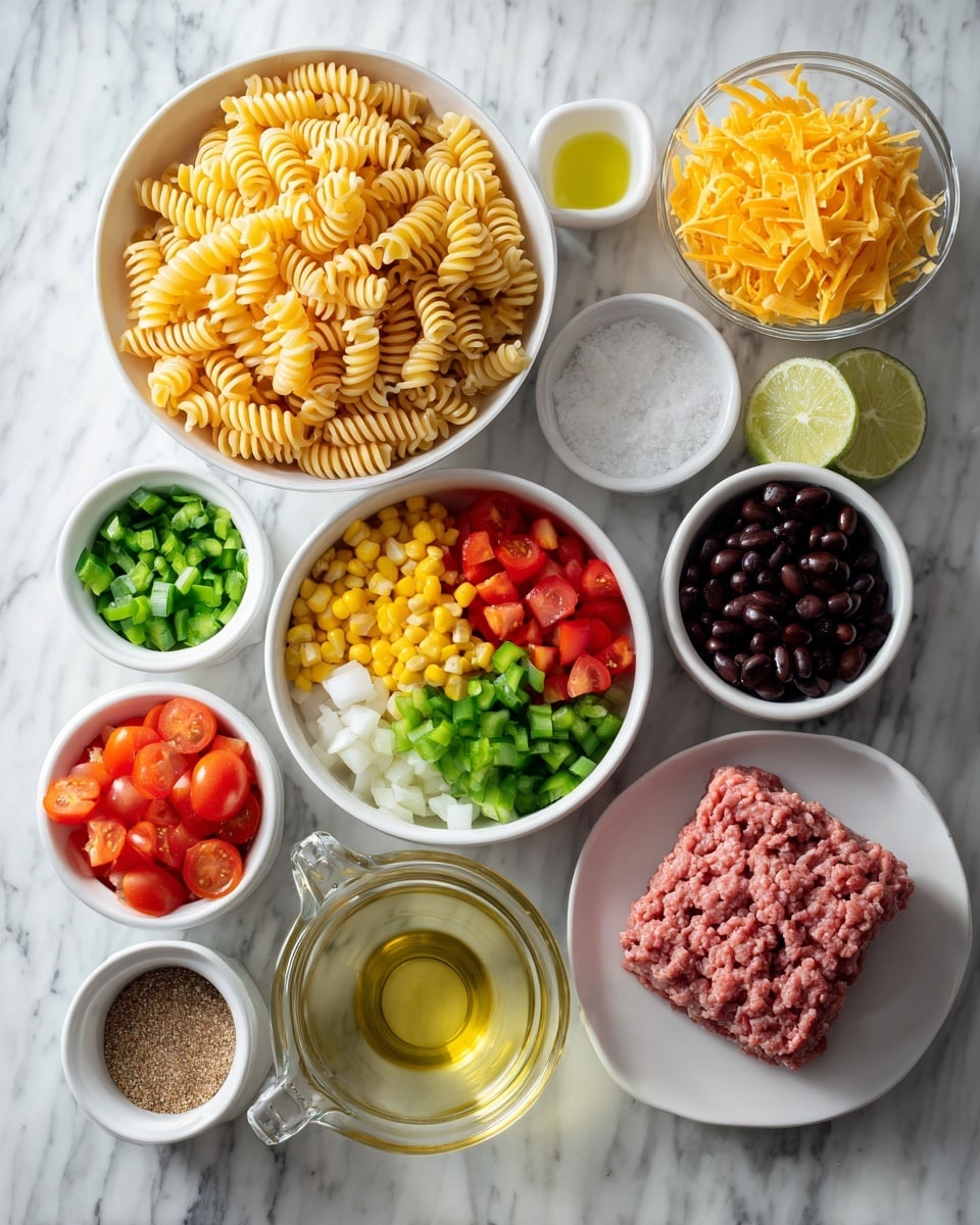 The image shows several small white bowls and containers arranged on a white marbled surface, each filled with different ingredients for a cowboy pasta salad. There is a large white bowl filled with spiral pasta that is light yellow-orange, surrounded by smaller white bowls containing chopped green jalapeno, chopped green bell pepper, chopped red bell pepper, yellow shredded cheese, black beans, white chopped onion, sliced cherry tomatoes, bright yellow corn, chopped green onions, and a clear glass measuring cup filled with golden olive oil. Next to the bowls are a small white bowl with salt and pepper, a small white bowl with light yellow lime juice, and a glass jar filled with brown taco seasoning. A white plate holds a block of raw ground beef which is pinkish-red. Everything is neatly arranged and clearly visible. photo taken with an iphone --ar 4:5 --v 7