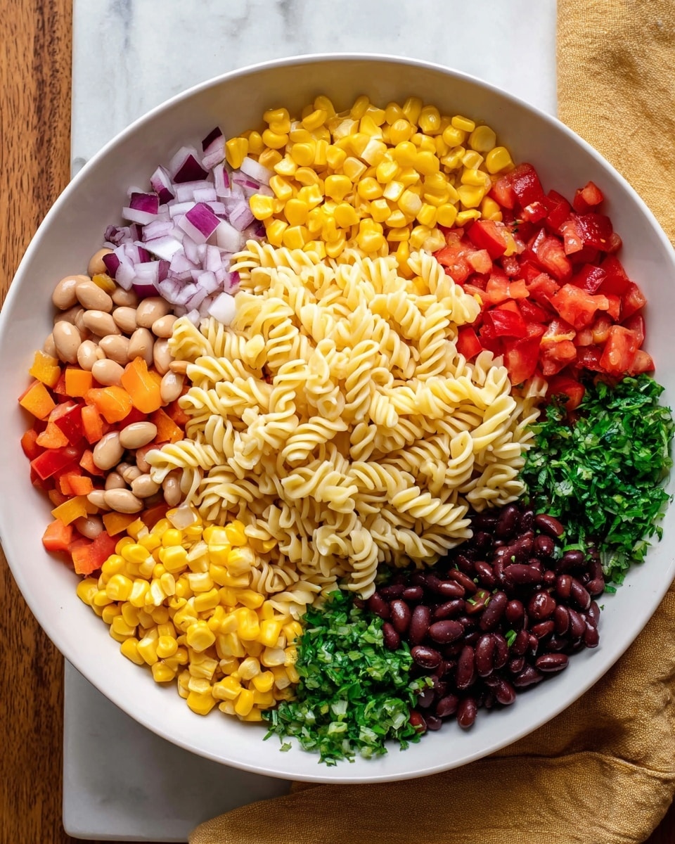 A large white bowl contains nine colorful layers of food arranged neatly. In the center, there is a pile of pale yellow twisted pasta. Surrounding it are small sections starting from the top going clockwise: light yellow corn kernels, bright red chopped tomatoes, golden yellow corn kernels, orange-red diced bell peppers, light brown beans with dark spots, bright yellow diced bell peppers, dark black beans, finely chopped green herbs, and finely chopped purple onions. The bowl sits on a white marbled surface with part of a tan cloth visible nearby. photo taken with an iphone --ar 4:5 --v 7