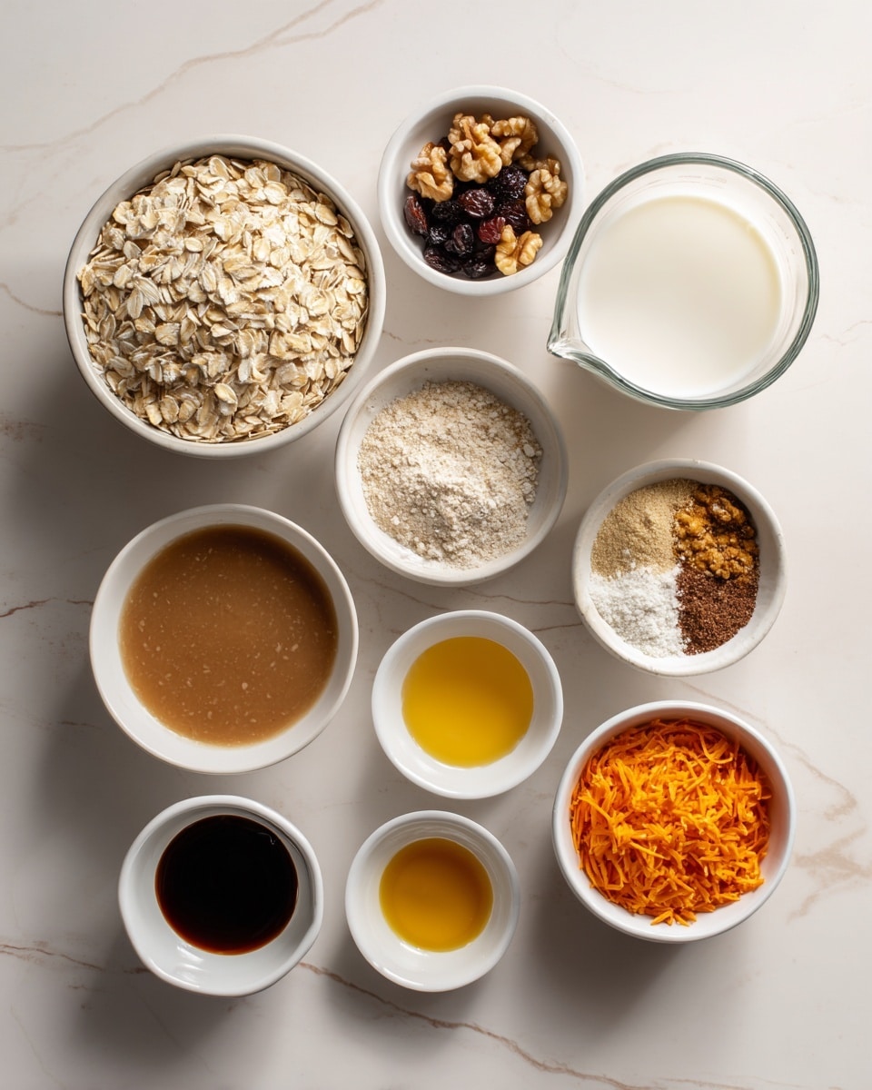 The image shows nine small white bowls and a glass measuring cup on a white marbled surface. The largest white bowl in the center holds light beige rolled oats. Above it to the left is a white bowl with dark raisins mixed with light brown walnuts. Next to it on the right is a white bowl with various dry spices including light brown, beige, and white powders mixed together. To the right of that is a clear glass measuring cup filled with white soy milk. Below the raisins and spices is a white bowl with a brown flax egg mixture, smooth and gel-like. Below the flax egg is a tiny white bowl containing dark brown vanilla extract. Next to it is a small white bowl filled with dark amber maple syrup. Below the maple syrup is a small white bowl with golden yellow oil. Finally, at the bottom right is a white bowl filled with bright orange shredded carrot. Photo taken with an iphone --ar 4:5 --v 7