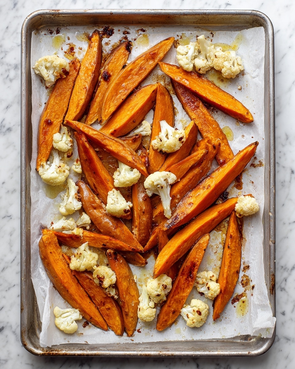A silver baking tray lined with white parchment paper holds a single layer of roasted vegetables arranged in a scattered way. There are bright orange sweet potato wedges, each with a smooth, slightly shiny texture and a mix of curved and sharp edges. Interspersed with the sweet potato are small cauliflower florets that are light golden with browned spots from roasting, showing a rough, bumpy texture. The vegetables sit on the parchment, which has light yellow oil stains and some browned bits around the edges, all placed on a white marbled surface. photo taken with an iphone --ar 4:5 --v 7