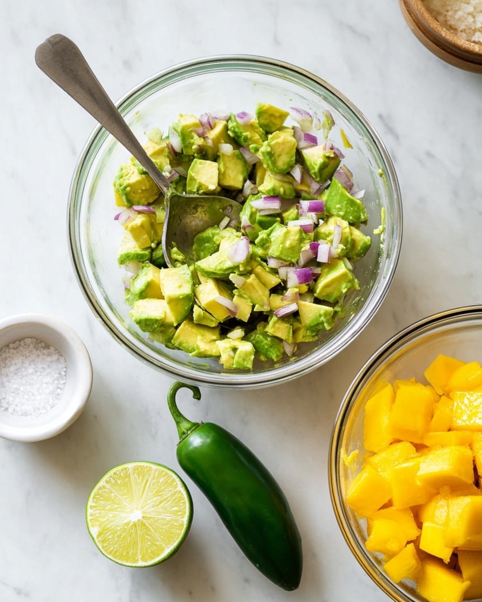 A clear glass bowl filled with chopped avocado pieces mixed with small bits of purple onion, with a silver spoon resting inside. Next to the bowl is a whole green jalapeño pepper on a white marbled surface. Below the bowl is a small white bowl containing coarse salt, and next to this is a lime cut in half showing its greenish-yellow inside. To the right side of the image is another clear glass bowl filled with bright yellow diced mango pieces. photo taken with an iphone --ar 4:5 --v 7