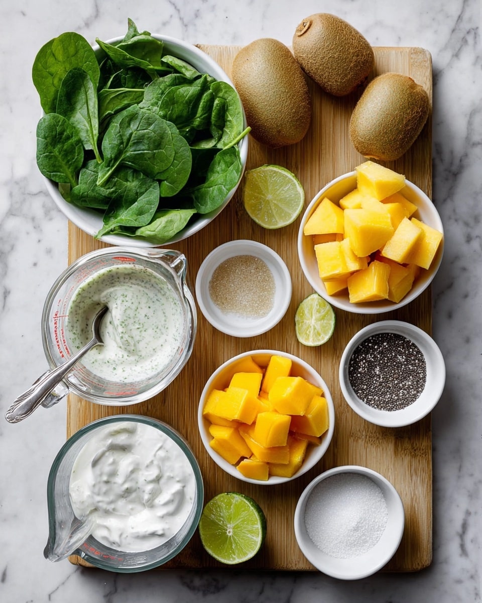 The image shows a top view of various fresh and frozen ingredients arranged neatly on a wooden board placed on a white marbled surface. There are ten small white bowls and one glass measuring cup filled with different items: fresh green spinach leaves piled high in one bowl, frozen mango chunks in another, two whole brown kiwis in a bowl, a bowl with a peeled frozen banana piece, frozen avocado chunks in one bowl, a bowl with a spoonful of white creamy coconut yogurt, and small bowls containing chia seeds, vanilla extract, a lime half, and a bit of sugar. The ingredients have bright, natural colors with fresh green, orange-yellow, white, and brown tones. Photo taken with an iphone --ar 4:5 --v 7