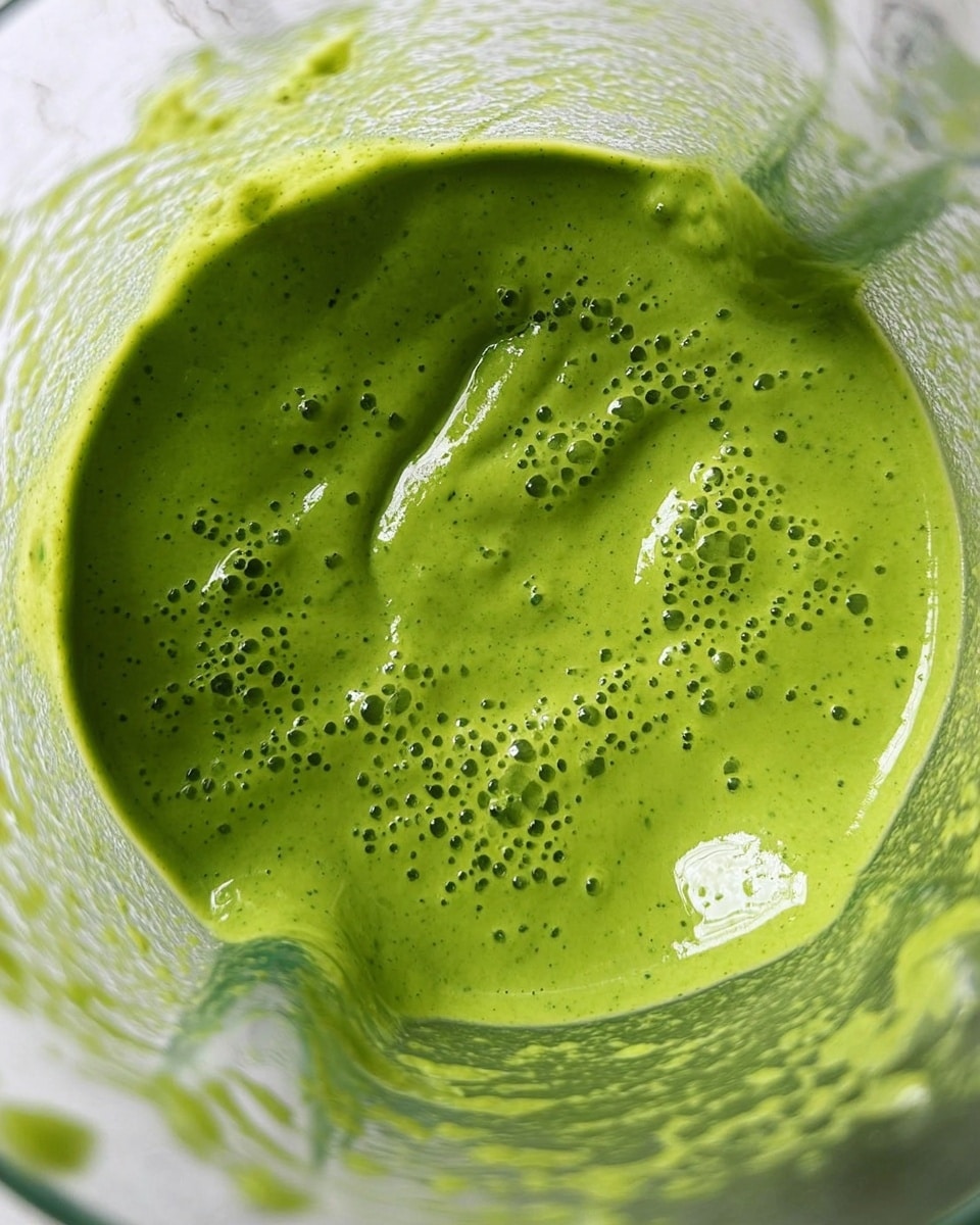 A close-up view of a blender container filled with a smooth, bright green sauce that has small dark specks and bubbles on the surface. The sauce has a thick, creamy texture and shows some small peaks and indentations inside the clear blender jar. The background is a white marbled texture. Photo taken with an iphone --ar 4:5 --v 7