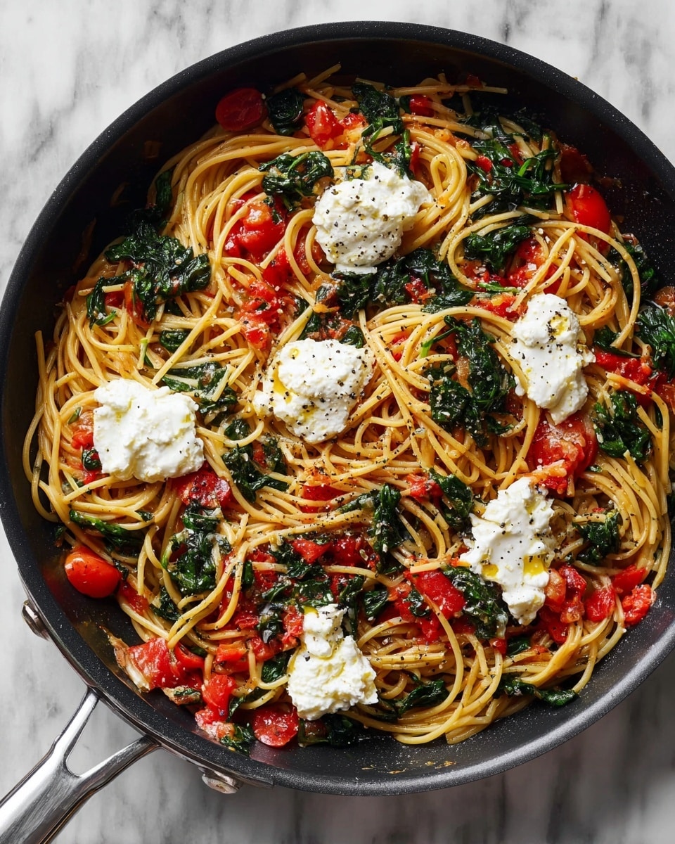 A black frying pan filled with spaghetti pasta mixed with bright red tomato pieces and dark green leafy spinach, all coated lightly in a thin sauce. Scattered over the top are dollops of soft white cheese that look creamy, with tiny black pepper specks visible on some cheese and pasta. The pan rests on a white marbled surface, and a metal handle extends from the side. photo taken with an iphone --ar 4:5 --v 7