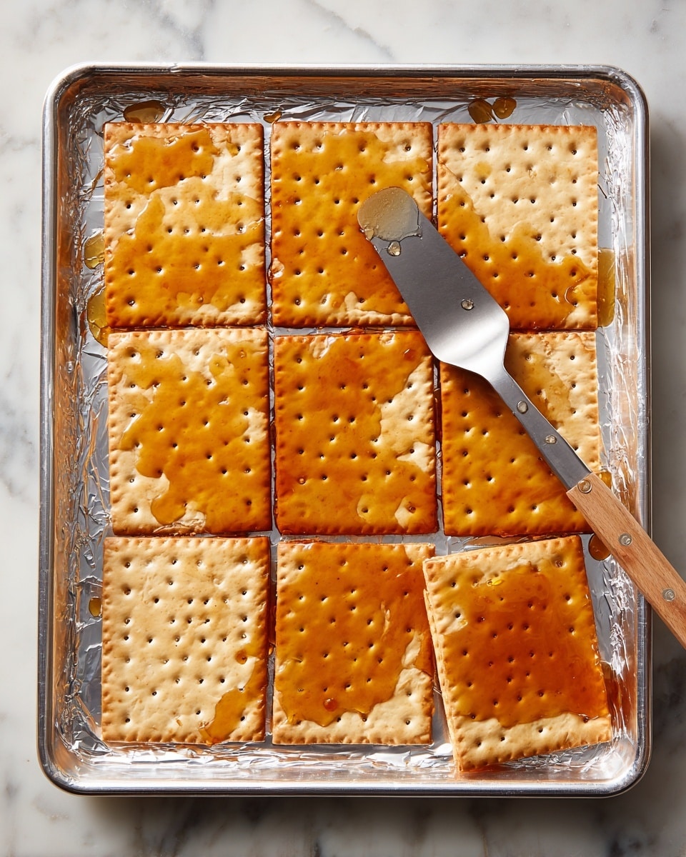 The image shows six rectangular matzah crackers arranged in two columns and three rows on a foil-lined tray. The matzah crackers have a light tan color with small, evenly spaced holes and are brushed with a glossy, amber-colored sauce spread evenly across each cracker. The tray is placed on a white marbled surface. A metal spatula with a wooden handle rests on the middle-left cracker, partially covering it. The bottom-right cracker is slightly broken off at the corner. Photo taken with an iphone --ar 4:5 --v 7