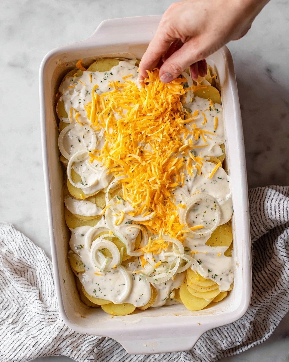 A white rectangular baking dish contains a layered potato casserole. At the bottom, thinly sliced yellow potatoes form the first layer, topped by a layer of creamy white sauce with visible small green herb flecks. Sliced white onions are scattered on top of the sauce, partly covered by the sauce as well. The final layer is being added by a woman's hand sprinkling shredded bright orange cheddar cheese over the top, creating a colorful contrast. The dish is placed on a white marbled surface with a light striped cloth nearby. Photo taken with an iphone --ar 4:5 --v 7