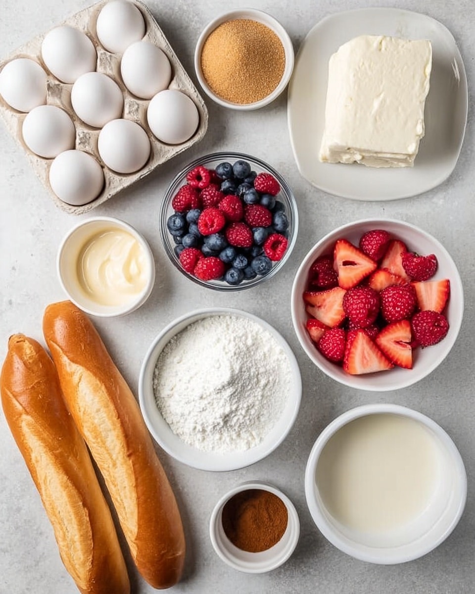 The image shows various ingredients neatly arranged on a white marbled surface. There are two long, light golden brown loaves of bread on the bottom left. Near the top left, a carton holds six white eggs. To the right of the eggs, there is a bowl filled with light brown sugar, and below it, a bowl with white powdered sugar. A rectangular block of white cream cheese rests on a white plate in the upper right. A small bowl filled with fresh raspberries and another with fresh blueberries are side by side toward the middle right. Below the berries, a small bowl holds bright red sliced strawberries. Near the center, there is a bowl with white cream or milk, a small bowl with vanilla extract, a bowl of light beige liquid or cream, and a small bowl containing ground cinnamon. The photo taken with an iphone --ar 4:5 --v 7