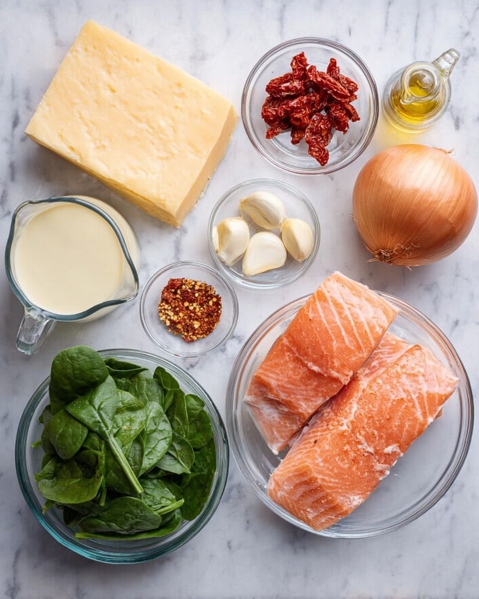 The image shows ingredients arranged on a white marbled surface. There are three pieces of raw salmon with pale orange color and light lines, placed in a clear glass bowl on the right side. To the left, there is a large piece of hard cheese with a pale yellow color, lying flat. In front of the cheese is a small glass bowl filled with bright green fresh spinach leaves. Above it, there are two peeled garlic cloves, cream-colored, placed beside a small glass bowl with sun-dried tomatoes which look red and slightly oily. Further up, a whole round brown onion rests on the surface. There is also a small glass bowl with a red chili flake mix, another small bowl with salt and black pepper, and a small glass bottle of clear golden oil. Near the center left, a clear glass measuring jug holds a creamy white liquid. The items are spaced out evenly, making each visible clearly. Photo taken with an iphone --ar 4:5 --v 7