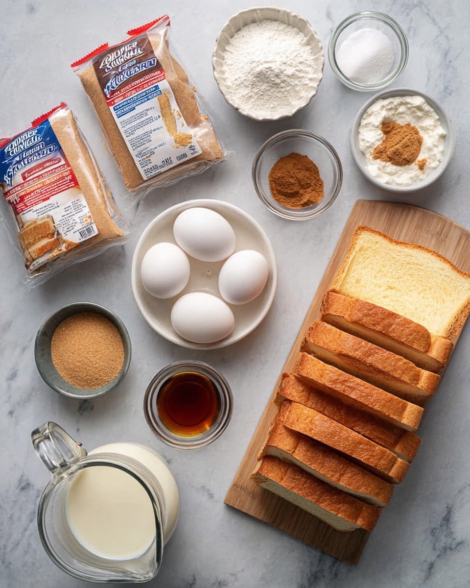 The image shows ingredients neatly arranged on a white marbled surface. There is a row of light brown sliced bread on a wooden cutting board, placed on the right side. In the center, a small white bowl holds four white eggs. Around the eggs, several small glass and metal bowls contain white sugar, brown sugar, milk, vanilla extract, and spices like cinnamon and nutmeg. Two bags of sugar, one light brown sugar and one granulated sugar, are also placed on the surface, with the light brown sugar bag on the left and the granulated sugar bag on the right. The glass measuring cup holds milk and is positioned near the front left. The whole arrangement looks clean and well-organized, ready for baking. Photo taken with an iphone --ar 4:5 --v 7