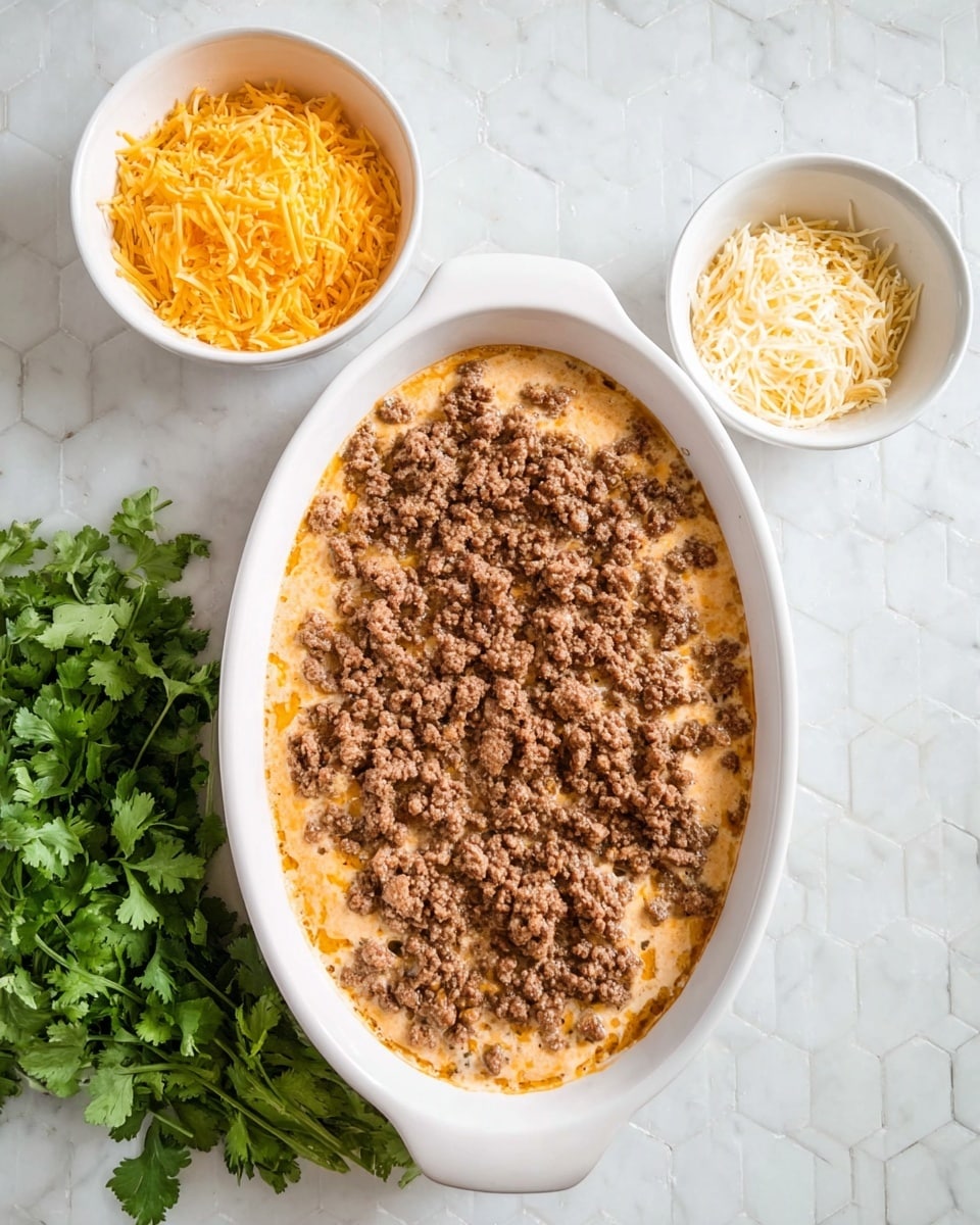 The image shows a white oval baking dish filled with a creamy, light orange base layer, topped with browned crumbled ground meat spread evenly across the surface. To the top left of the baking dish, there are two small white bowls, one filled with shredded bright yellow cheddar cheese and the other with shredded pale cream-colored cheese. At the bottom left of the image, there is a bunch of fresh green cilantro leaves. The background is a white marbled tiled surface. photo taken with an iphone --ar 4:5 --v 7