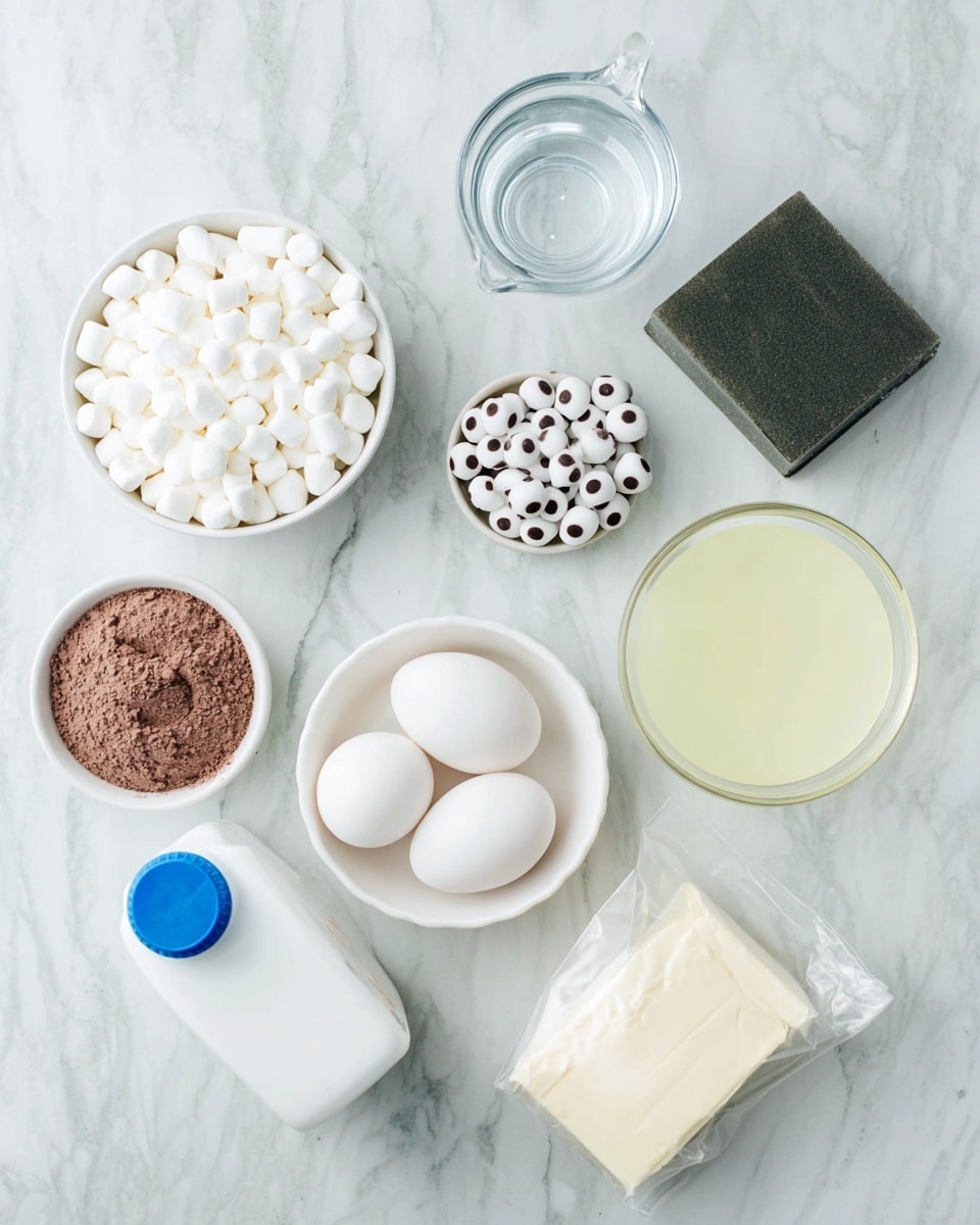 The image shows several small white bowls and containers arranged on a white marbled surface, each holding a different ingredient. One white bowl is full of small white mini marshmallows, another white bowl holds three white eggs neatly placed inside. There is a small white dish filled with round candy eyeballs that are white with black centers. A clear glass measuring cup contains a small amount of water, placed next to a clear plastic bag with light brown cocoa powder inside. Another white bowl holds a pale yellow liquid, possibly oil or melted butter. There is also a white plastic container with a blue lid, along with a block of dark green or black solid material, possibly food coloring or another ingredient. The layout is clean and bright, on a white marbled surface, photo taken with an iphone --ar 4:5 --v 7