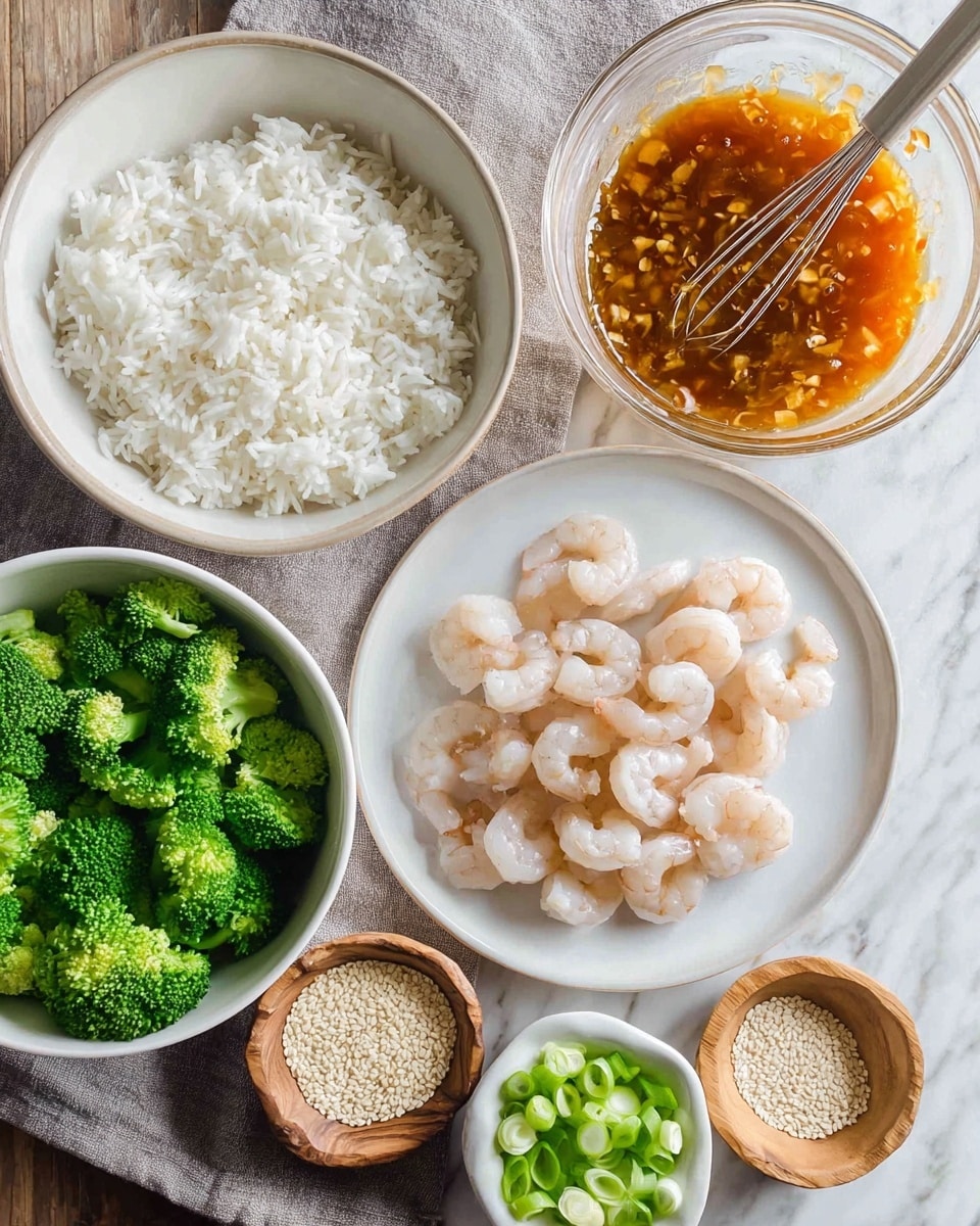 The image shows a white plate with a layer of peeled, raw shrimp arranged in a small pile in the center. To the top right, there is a clear glass bowl filled with an orange and brown liquid sauce mixed with small chunks of garlic or onion and a metal whisk inside. Above left is a white bowl full of cooked white rice, fluffy with separate grains. Below left, a white bowl contains bright green broccoli florets. At the bottom right, there is a white bowl with sliced green onions, and next to it, a small wooden bowl holds white sesame seeds. All items are placed on a soft gray cloth over a white marbled surface. Photo taken with an iphone --ar 4:5 --v 7