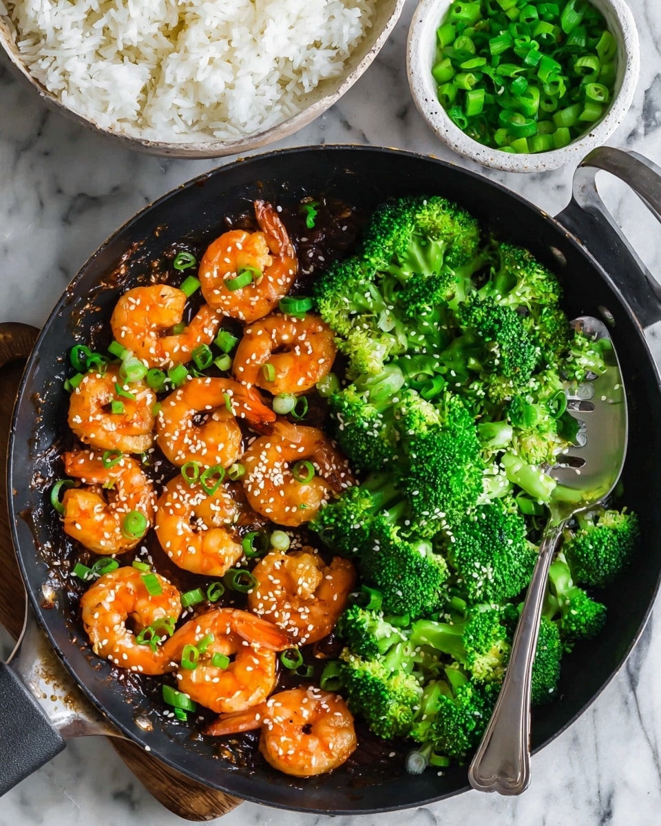 The image shows a black pan with two sections of food placed side by side; on the left are nine bright orange shrimp covered in a shiny sauce, sprinkled with white sesame seeds and chopped green onion pieces, and on the right is a pile of fresh, vibrant green broccoli florets also sprinkled lightly with sesame seeds. A metal spoon rests near the shrimp on the bottom right side of the pan. Above the pan, there is a white bowl filled with cooked white rice, and to the top right, a small white bowl holds fresh chopped green onions. The pan and bowls sit on a white marbled surface. photo taken with an iphone --ar 4:5 --v 7