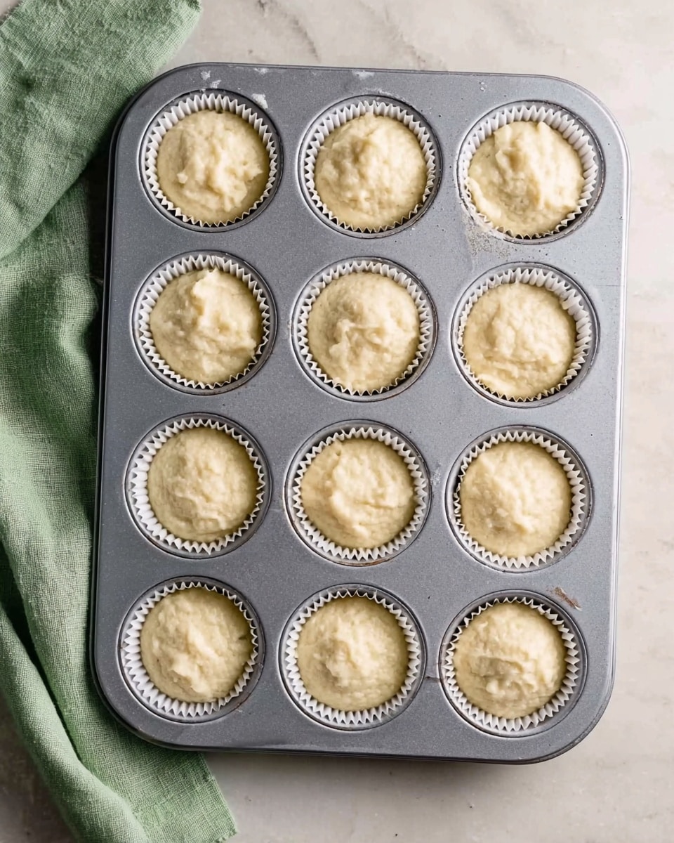 A 12-cup silver metal muffin tray is shown from above, each cup lined with white paper liners filled with pale yellow batter that has a smooth but slightly bumpy texture. The batter is evenly distributed in each liner, some cups slightly fuller than others. The tray sits on a white marbled surface with a folded green cloth placed to the lower left side. The lighting is soft and natural, highlighting the creamy batter in contrast to the cool silver tray and white liner. photo taken with an iphone --ar 4:5 --v 7
