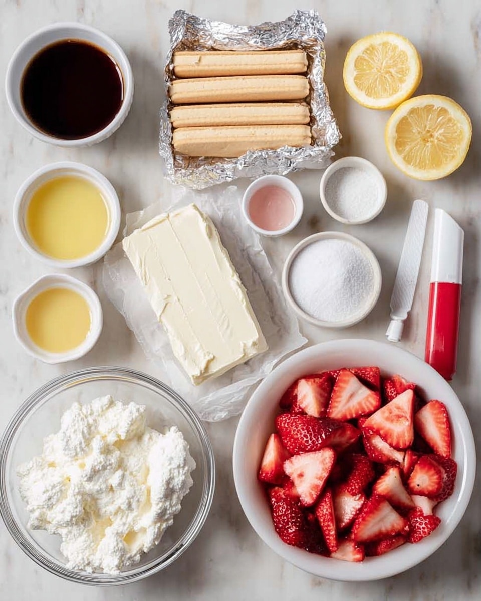 The image shows various ingredients arranged on a white marbled surface for making a dessert. There is an opened foil pack with a block of cream cheese in the center, next to a large white bowl filled with chopped strawberries on the right. To the left, a clear glass bowl holds soft white cream cheese or ricotta with a rough texture. Above the block of cheese, a package of ladyfinger biscuits is placed horizontally. A couple of lemon halves lie near the top right corner, with a small white bowl of granulated sugar nearby. Smaller white bowls and dishes contain powdered sugar, a small amount of strawberry jam, yellow liquid (likely juice or syrup), and a small tube of red coloring or flavoring. A small white bowl with a dark brown liquid, likely coffee or similar, is on the far left. Everything is arranged neatly, ready for preparation. photo taken with an iphone --ar 4:5 --v 7