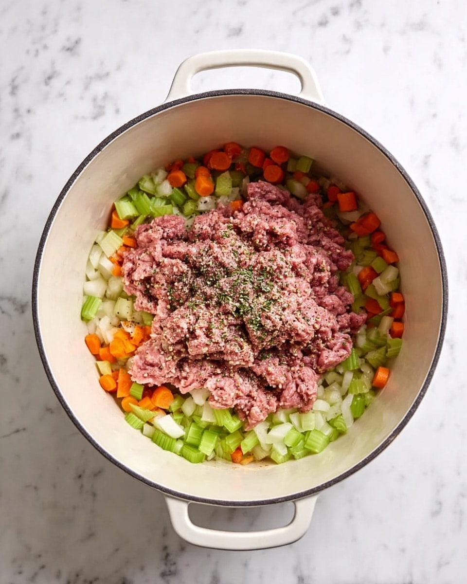 A white pot with two handles holds a layer of small chopped vegetables including orange carrots, light green celery, and white onions spread at the bottom. On top, there is a layer of raw ground meat with a pinkish-red color, sprinkled with some coarse black pepper. The pot sits on a white marbled surface. Photo taken with an iphone --ar 4:5 --v 7