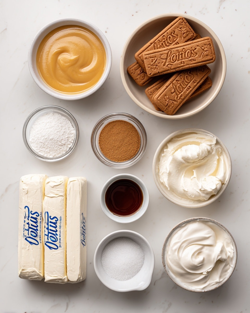 The image shows various baking ingredients arranged neatly on a white marbled surface. There is a white bowl filled with many light brown Biscoff cookies stacked on each other on the top left. Beside it, to the right, a glass measuring cup holds melted yellow butter. Below the cookies, a small clear glass bowl contains ground cinnamon, while next to it a small white bowl holds a creamy brown Biscoff cookie butter. A slightly larger clear bowl filled with white powdered sugar sits nearby. Two blocks of cream cheese wrapped in branded paper are placed side by side near the center. Above them is a clear glass bowl with white sour cream, and to the right, a small bowl contains white salt. At the bottom left, a glass measuring cup is filled with light cream-colored heavy whipping cream. Next to it, a white bowl is filled with white sugar, and a small white cup at the bottom right contains dark brown vanilla extract. The items are organized with clear labels near each one. Photo taken with an iphone --ar 4:5 --v 7