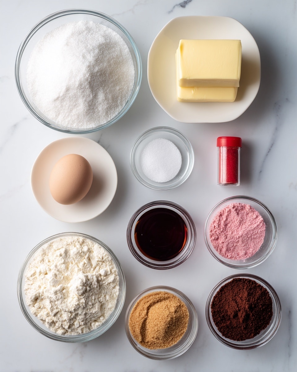 The image shows a top view of eleven ingredients placed on a white marbled surface. Starting from the top left, there is a large transparent bowl filled with white sugar and labeled