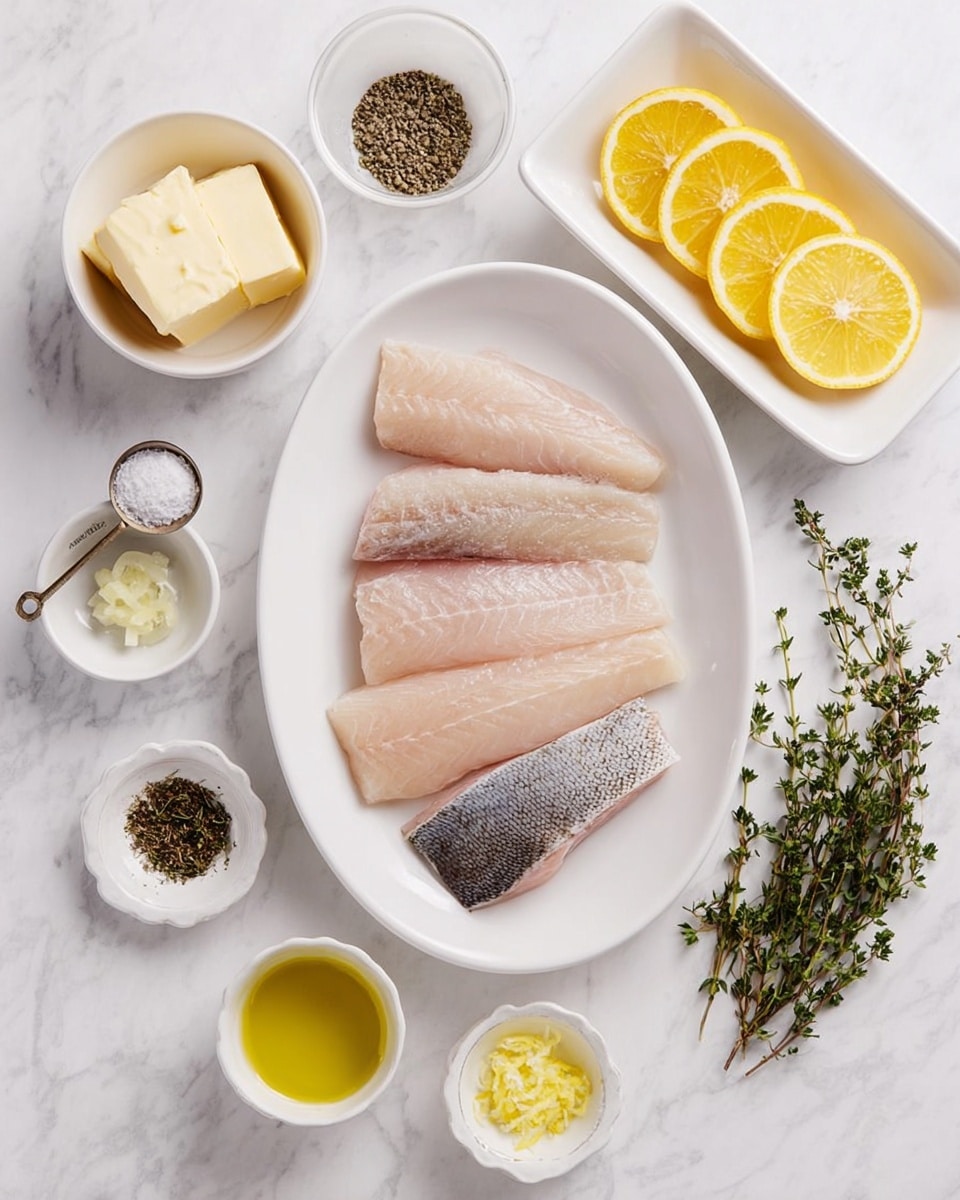 The image shows a white oval plate in the center holding four pieces of raw fish fillets, with skin on one side and a light pinkish to pale beige color. Around the plate, there are several small white bowls and dishes containing different ingredients: two small cubes of pale yellow butter in a clear glass bowl, a small amount of minced garlic in a white bowl, some lemon zest in another white bowl, and a rectangular white dish with lemon slices arranged neatly, showing bright yellow color and visible seeds. Additionally, there are small sprigs of green rosemary and thyme, a small metal cup of olive oil, and two small white bowls containing black pepper and salt. Everything is placed on a white marbled surface, and the photo looks bright and clean. Photo taken with an iphone --ar 4:5 --v 7