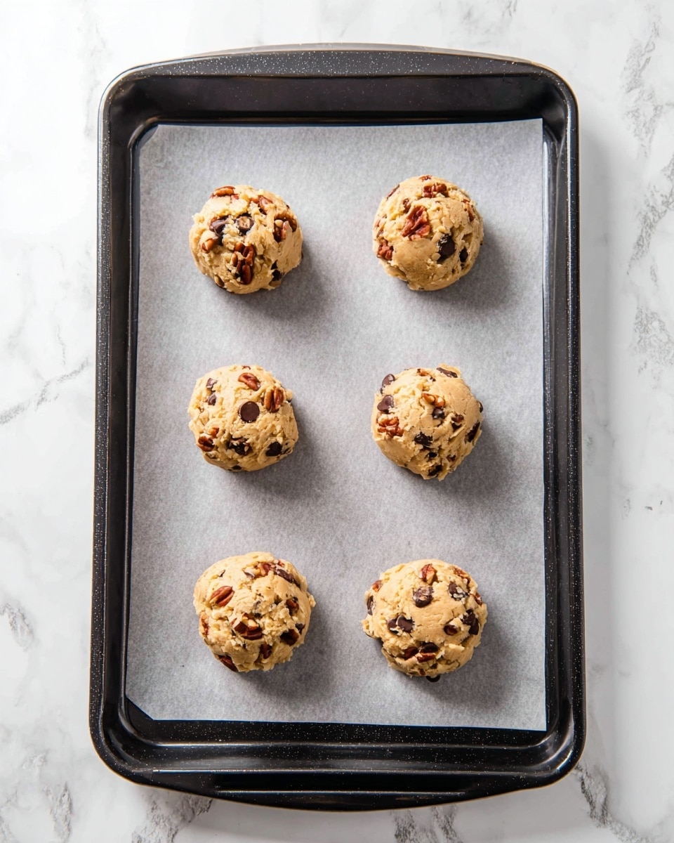 A black baking tray lined with a sheet of parchment paper holds six round cookie dough balls arranged in two columns and three rows. The dough balls are light brown and studded with dark brown chocolate chips and small pieces of pecans that add texture and warmth. Each dough ball is evenly spaced and slightly rough on the surface, showing mix-ins clearly. The tray is placed on a white marbled surface, providing a clean and bright background. photo taken with an iphone --ar 4:5 --v 7