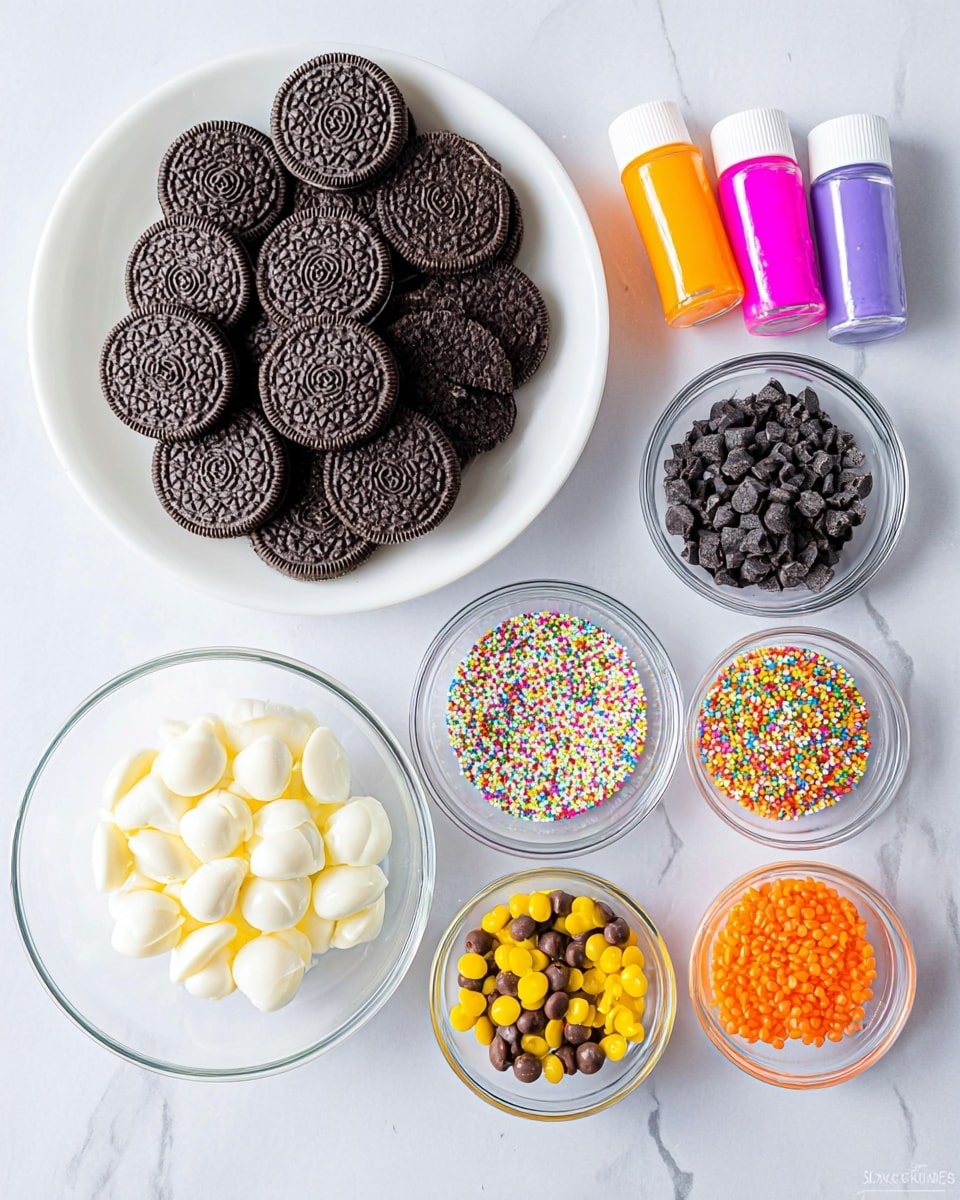 The image shows a top view of snack ingredients arranged on a white marbled surface. There is one large white plate filled with a circle of stacked chocolate sandwich cookies in dark brown color on the upper left. Surrounding this, there are six small clear glass bowls holding different colorful items: one bowl with white chocolate candy melts in light cream color, a bowl with tiny rainbow-colored round sprinkles, and bowls with small black round beads, small yellow and brown candy-coated pieces, and two types of orange sprinkles. At the top right are three small plastic bottles of food coloring in bright pink, bright yellow, and purple. The whole setup is brightly lit and neatly arranged. photo taken with an iphone --ar 4:5 --v 7