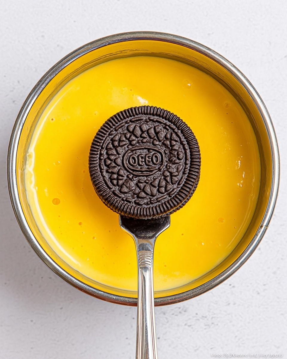 The image shows a round metal bowl filled with a smooth, bright yellow liquid that has a creamy texture. A silver fork holds a whole dark brown cookie with a detailed pattern on its top, positioned in the center above the yellow liquid. The background is a white marbled texture, creating a clean and bright feel. photo taken with an iphone --ar 4:5 --v 7