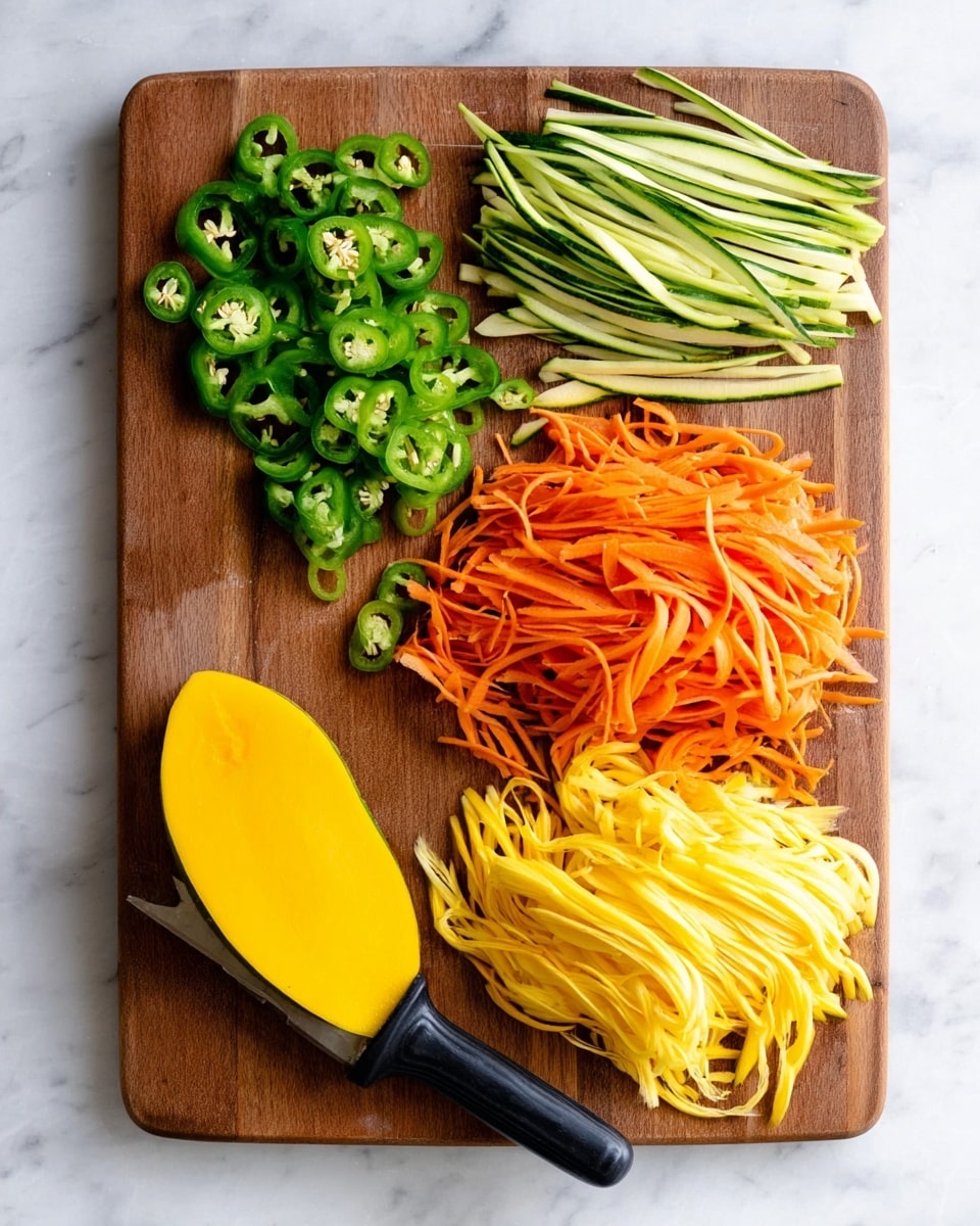 The image shows a wooden cutting board on a white marbled surface with thin strips of vegetables arranged in four groups. In the top left corner are green slices of jalapeño peppers with visible seeds, next to bright green thin strips of zucchini at the top right. Below those are bright orange thin carrot strips in the middle, and at the bottom right are thin yellow strips of mango. On the bottom left side of the board is a peeled mango half with a yellow and black peeler resting on it. The colors are vibrant and textures vary from smooth to slightly fibrous. photo taken with an iphone --ar 4:5 --v 7