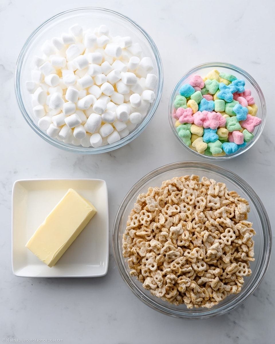 The image shows three clear glass bowls and one small white square dish placed on a white marbled surface. The first large bowl is full of small white marshmallows with a soft and fluffy texture. The second large bowl contains a mix of light brown puffed cereal pieces and colorful marshmallow shapes in pastel pink, blue, green, and yellow. The small white square dish holds a solid pale yellow stick of butter with a smooth texture. All items are neatly arranged without overlap. Photo taken with an iphone --ar 4:5 --v 7