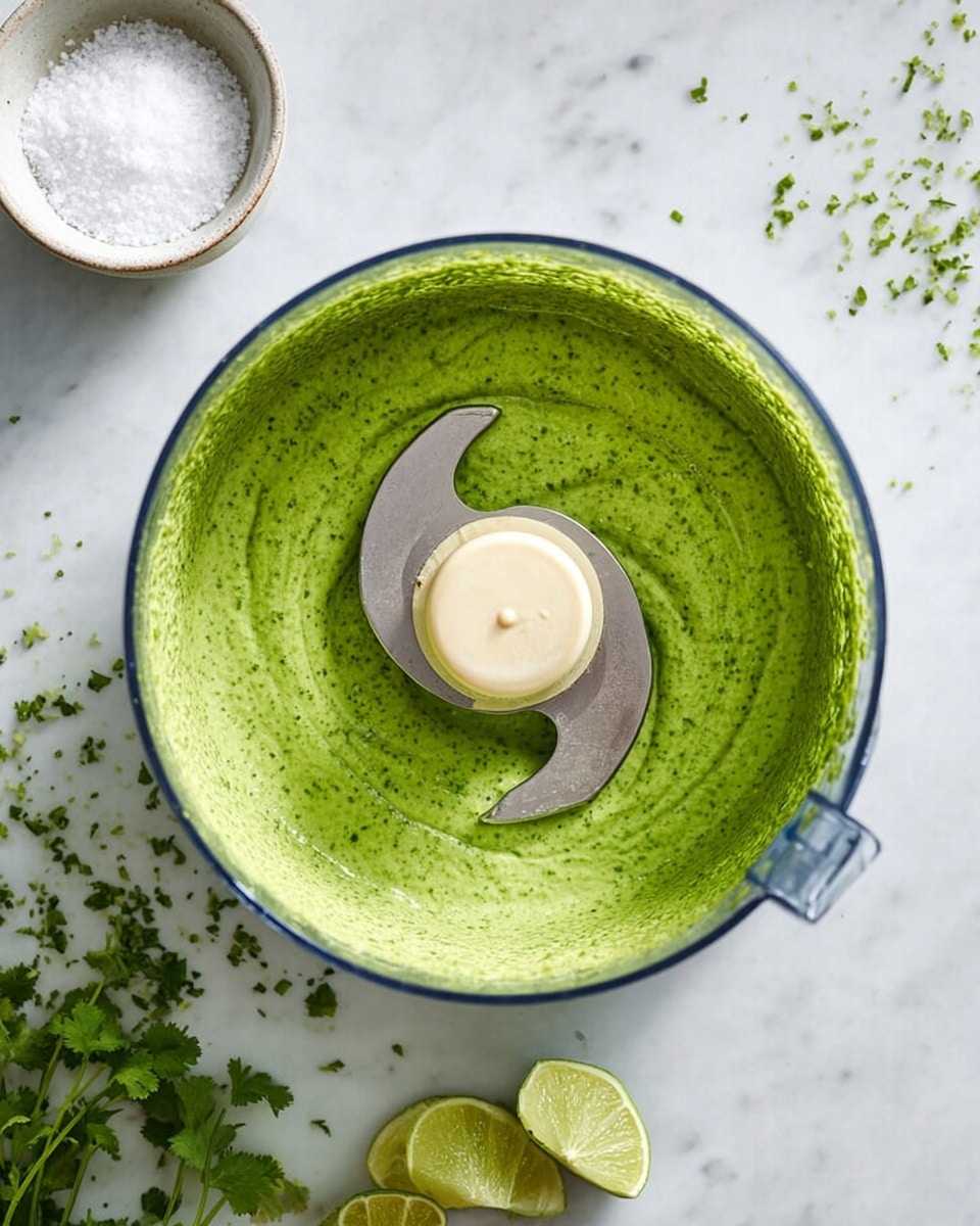 The image shows a clear food processor bowl filled with a smooth, vivid green sauce, having small speckles throughout the mix. The creamy sauce coats the inside walls of the bowl, creating a textured green ring around the center blade, which is light beige with a sharp, curved metal edge. The food processor sits on a white marbled surface. To the left of the bowl is a small white bowl containing coarse white salt. Near the bottom right of the image are two lime wedges and a few sprigs of fresh green cilantro scattered around. photo taken with an iphone --ar 4:5 --v 7