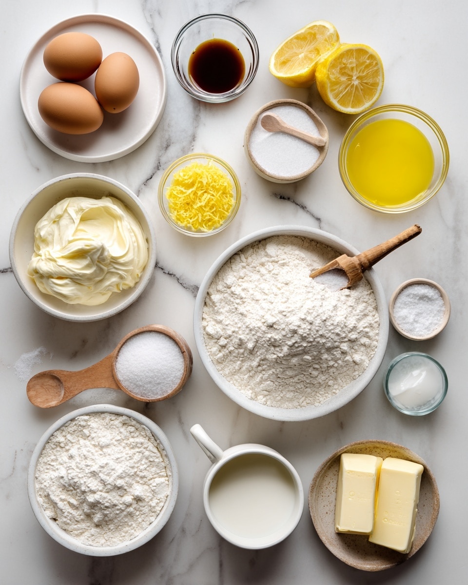 The image shows various baking ingredients neatly arranged on a white marbled surface. In the top left corner, there is a small white plate holding two brown eggs and a small glass bowl of dark vanilla extract. Next to it, a tiny glass bowl contains bright yellow lemon zest, and to the right is another small glass bowl with pale yellow lemon juice. Towards the center, a large white bowl is filled with white all-purpose flour and a small wooden scoop resting inside. Below that, a medium white bowl contains white sugar with a wooden scoop on top. Near the bottom, a white bowl full of powdered white confectioners' sugar also has a wooden scoop placed on it. Scattered around are small clear bowls of white baking powder and salt. To the right side, a white cup labeled