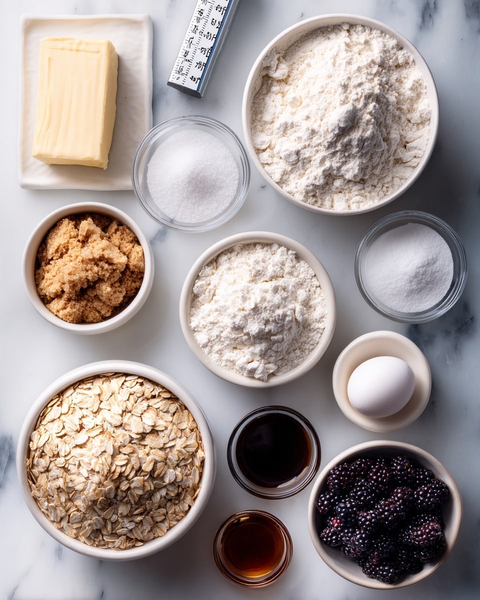 The image shows several small bowls and containers arranged neatly on a white marbled surface, each holding different baking ingredients. Starting from the top left, there is a clear small bowl with white salt, next to a stick of butter with measurement markings on its wrapper. To the right is a white bowl filled with white flour, full and slightly clumpy. Below the salt is a clear bowl with white baking powder, and beside it, a white bowl filled with light brown packed brown sugar. Below the brown sugar is a larger white bowl filled with light beige rolled oats, their flat rounded shapes visible. To the right, there is a small white bowl with white sugar. Below this is a clear small bowl with dark brown vanilla extract and next to it, a clear bowl holding a single white egg. Finally, on the bottom right is a white bowl filled with dark purple-black fresh blackberries. Photo taken with an iphone --ar 4:5 --v 7