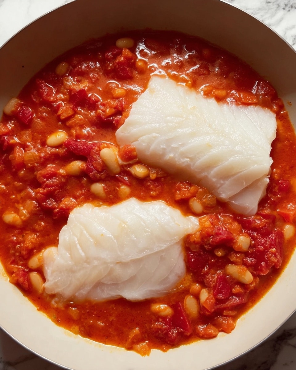 A white bowl filled with a rich red tomato sauce that has chunks of tomatoes and beans visible throughout, with two large pieces of white fish fillets placed on top, partially submerged in the sauce; the fish has a smooth, slightly translucent texture with subtle lines and folds. The bowl rests on a white marbled surface. photo taken with an iphone --ar 4:5 --v 7