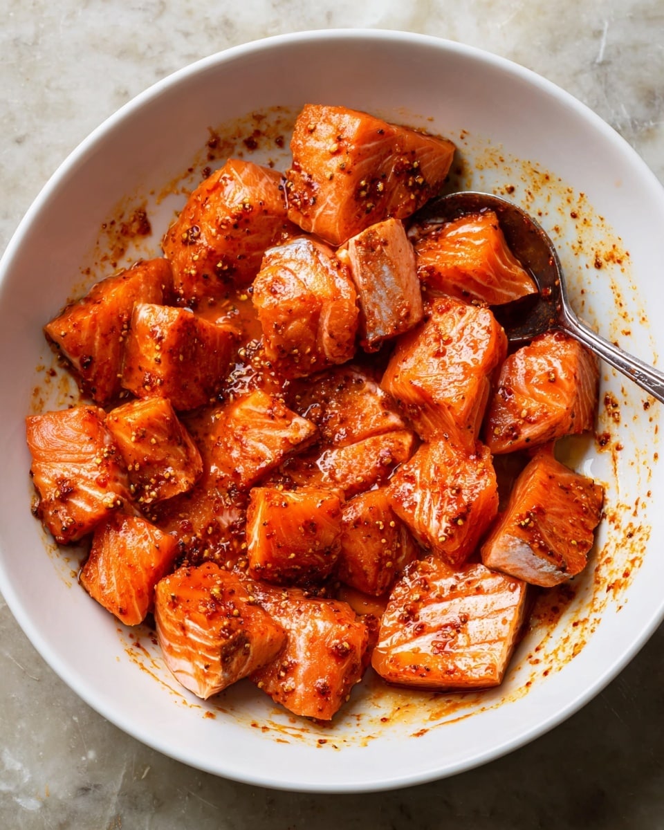 The image shows a white bowl filled with medium-sized salmon cubes covered in a shiny, reddish-orange spice mixture. The salmon pieces have visible texture lines and silver skin on some sides, coated evenly with the spice mix that gives a glossy and slightly oily look. A silver spoon rests on the right side inside the bowl, partly covered by the salmon pieces. The bowl sits on a white marbled surface. photo taken with an iphone --ar 4:5 --v 7